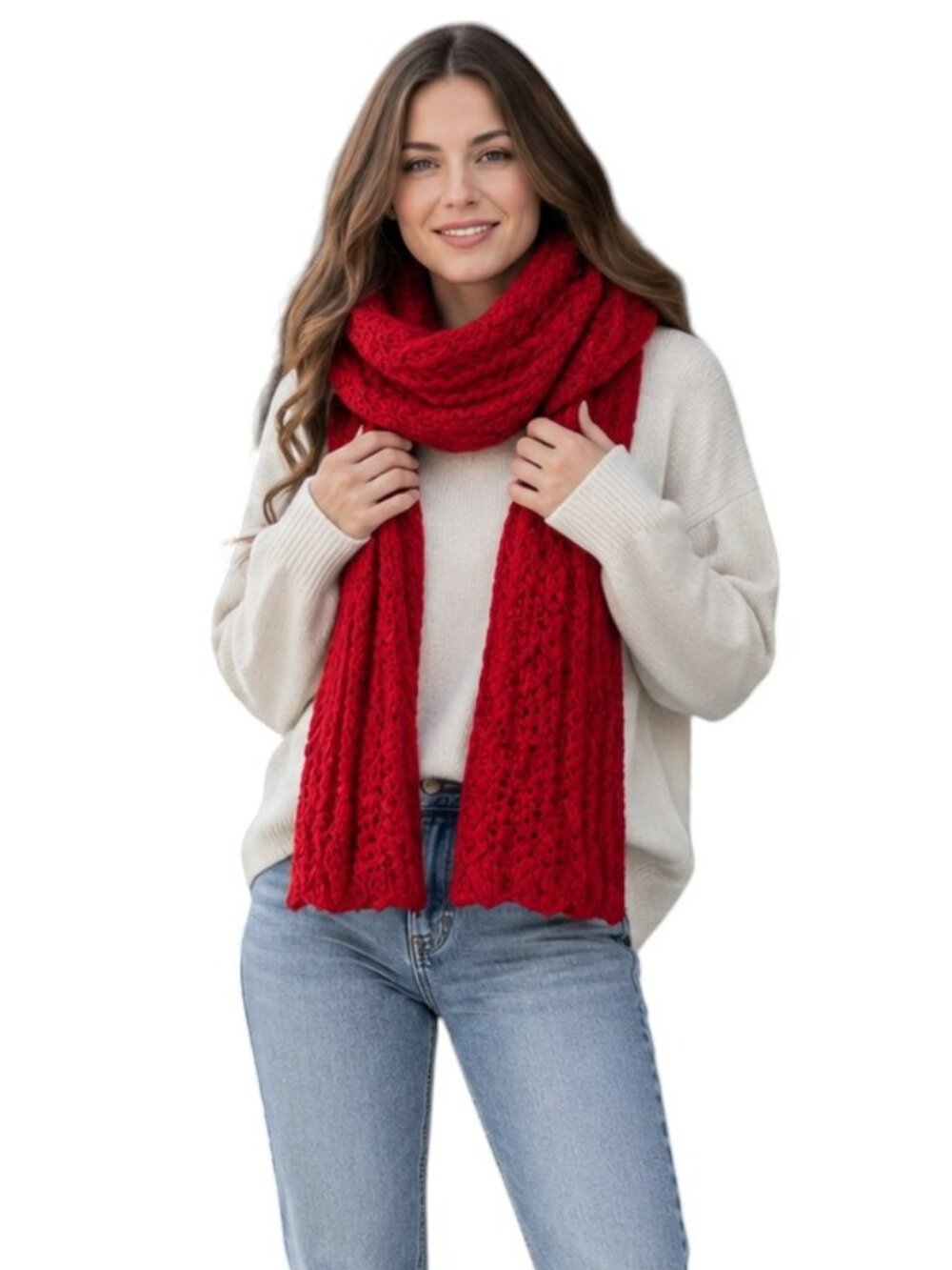 Dillard's Red Crochet Scarf Shawl, 64"x13"